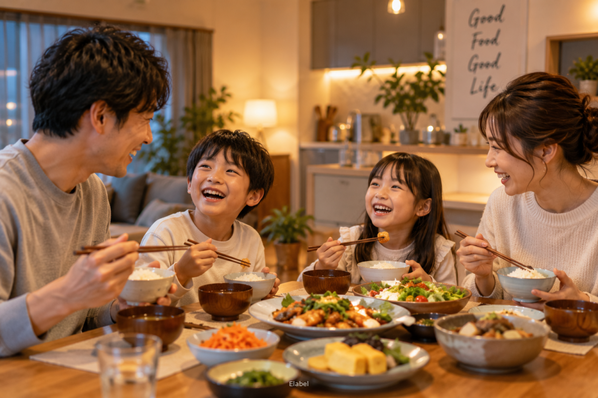 家族そろって夕食を楽しむイメージ